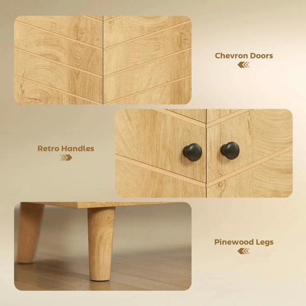 Natural wood cabinet featuring chevron doors, retro round knobs, and pine legs