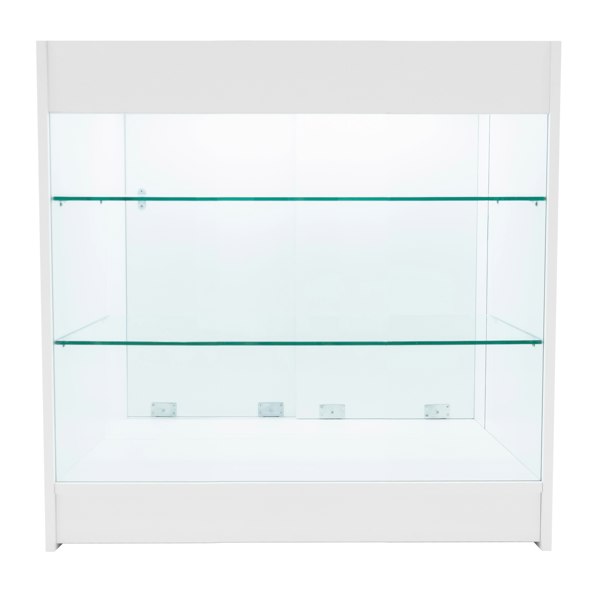 White Helios LED shop counter set with two glass shelves, featuring a sleek design and modern finish, ideal for retail displays