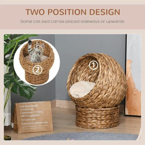 Woven Banana Leaf Elevated Cat Bed Wicker Kitten Basket Pet Den, House Cosy Cave with Soft Cushion Dome 50x42x60cm Brown