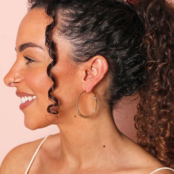 Gold Triple Layered Thread Hoop Earrings - lifestyle shot