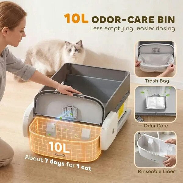 Bobobiy Self Cleaning Cat Litter Tray, Open-Top Automatic Litter Box with APP Control, Clumping Rake, 10L Waste Bin