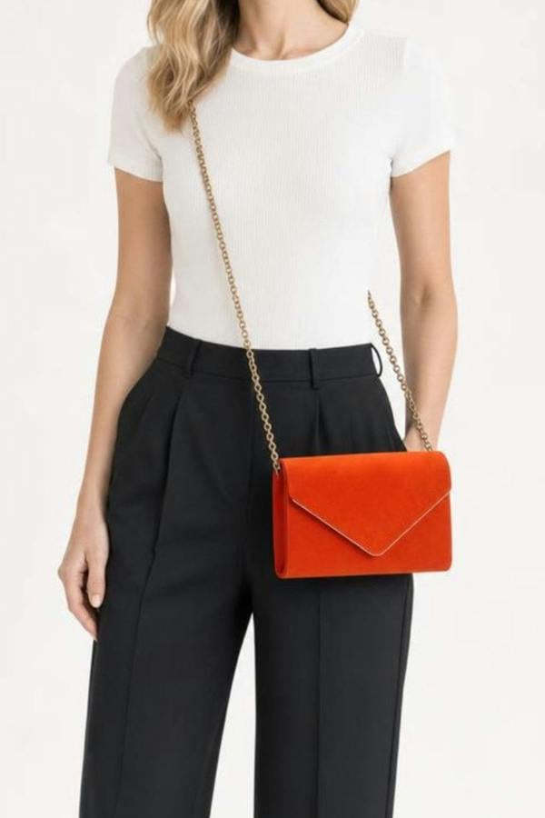 SVNX Faux Suede Envelope Evening Bag in Blood Orange