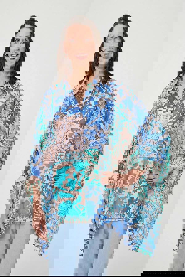 Blue | Leaf Print Longline Relaxed Tunic Shirt