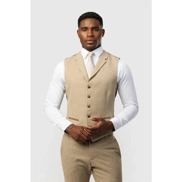 Antique Rogue Slim Fit Baxter Camel Herringbone Tweed Waistcoat