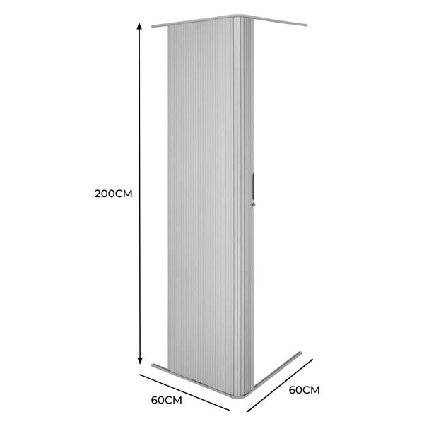 Silver Tambour shower door featuring a sleek, vertical ribbed design, measuring 200cm tall and 60cm wide, ideal for modern bathrooms