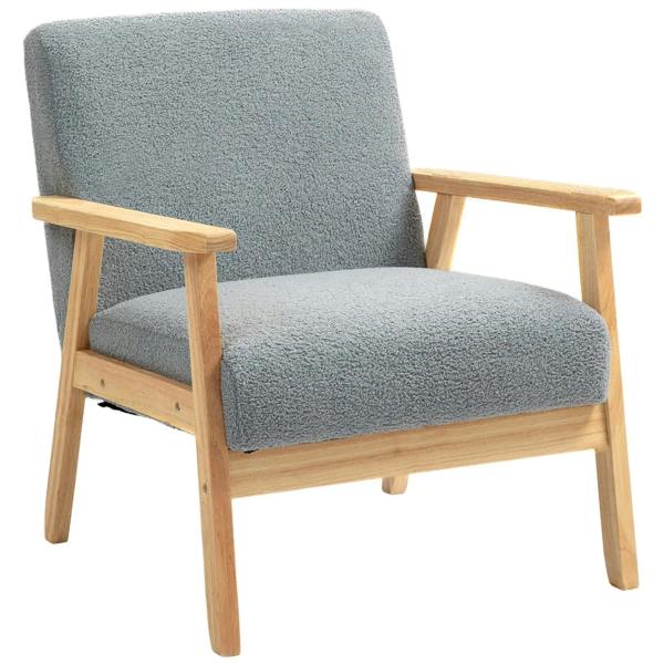 Grey upholstered armchair with solid wood legs and curved arms