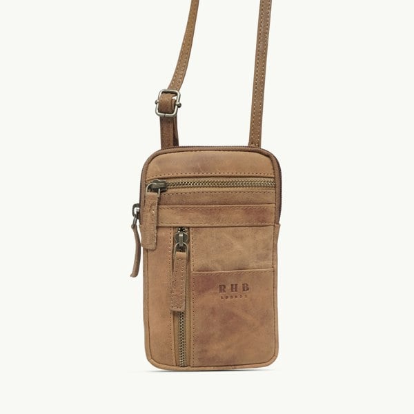 Real Hide Bags 'BROOKE' Tan Distressed Real Leather Mobile Phone Crossbody Bag