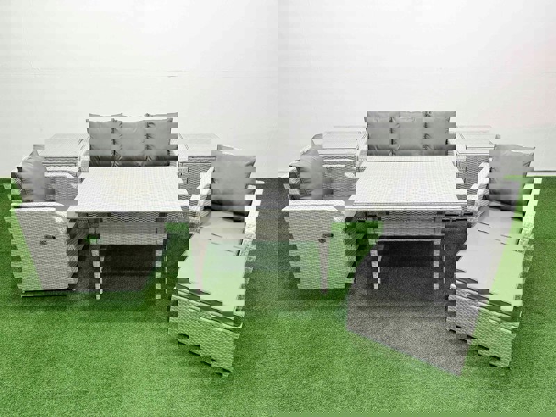 Fimous PE Rattan Garden Furniture Set Reclining Chair Sofa Lounge Sofa Set Rectangular Dining Table 2 Side Table Big Footstool Light Grey