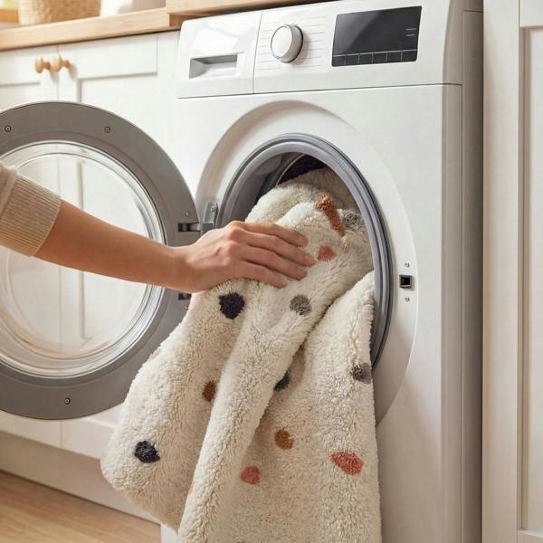 Person placing a polka dot towel into a washing machine in a kitchen.