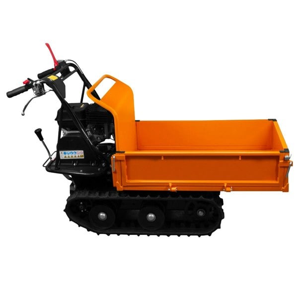 Tracked Mini Dumper Petrol Transporter with a bright orange cargo bed, black tracks, and a sturdy handle for easy maneuvering