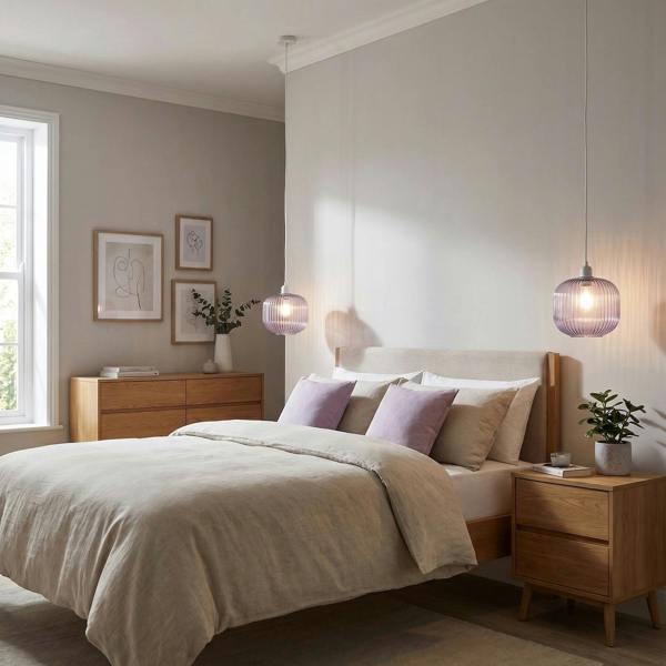 Modern Designer Soft Lilac Line Ribbed Glass Round Pendant Lamp Shade Image 6