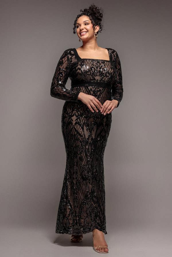 Goddiva Plus Sequin Square Neck Maxi With Scallop Hem - Black by Goddiva Plus