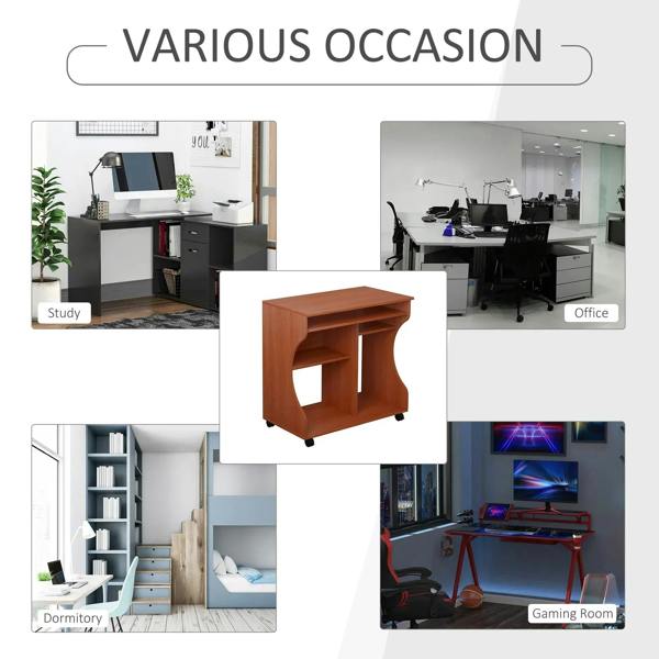 Cherry wood compact work desk used as study, office, or gaming setup with storage