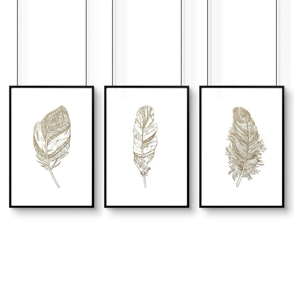 Gold artwork for living room | set of 3 Feathers wall art prints