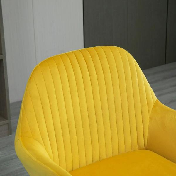 Yellow upholstered accent chair with tall ribbed back and contoured seat