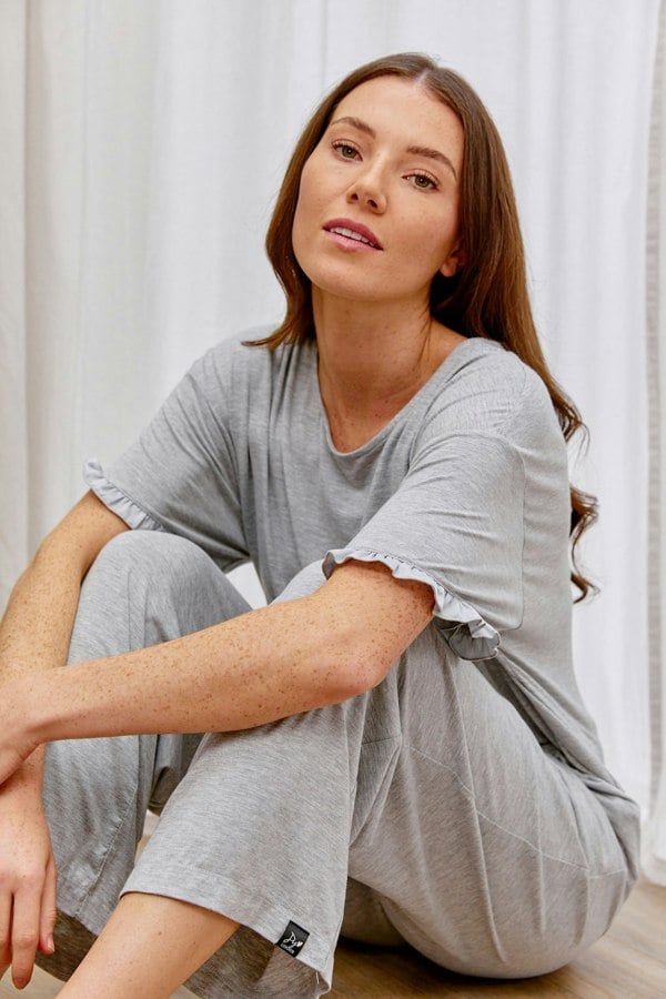 Pretty You London Women's Bamboo Frill Tee Trouser Set in Grey Marl