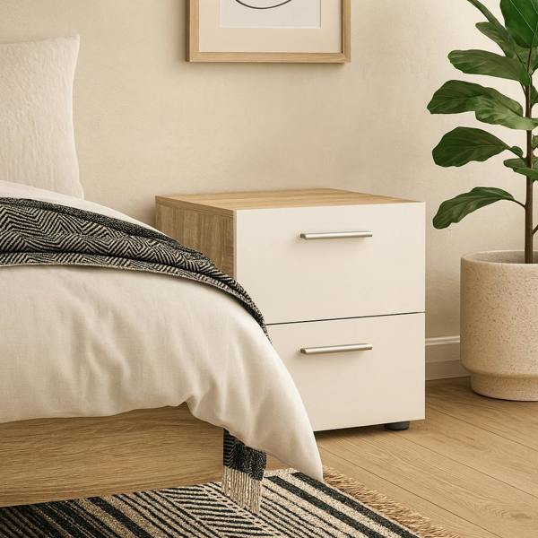 Wyld Haus Daejeon White and Natural Oak Effect Wood Bedside Table 2 Drawers