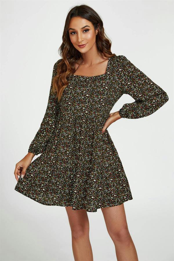 FS Collection Little Floral Print Square Neck Mini Dress In Black
