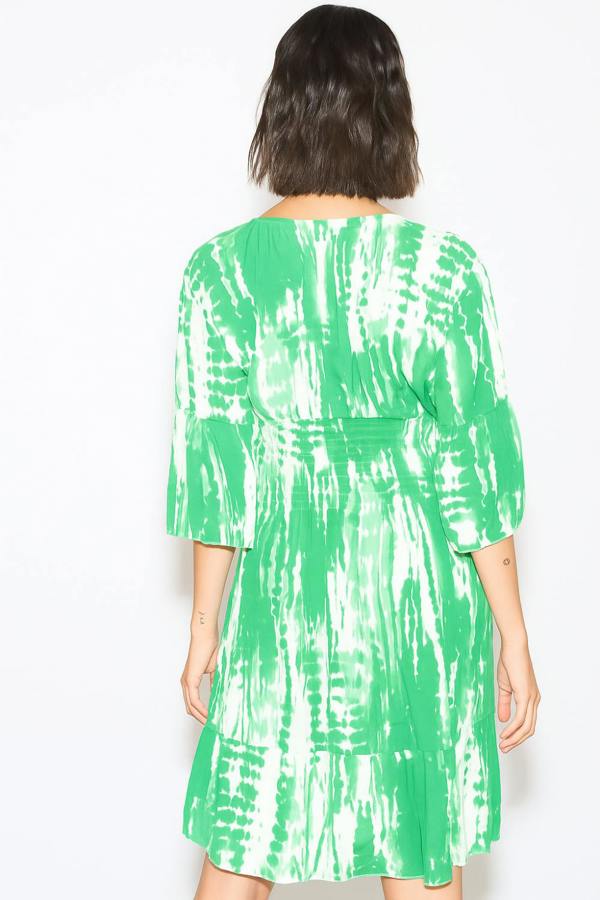 Hoxton Gal Relaxed Fit 3/4 Sleeves Shirred Waist Printed V Neck Mini Dress in Green and White