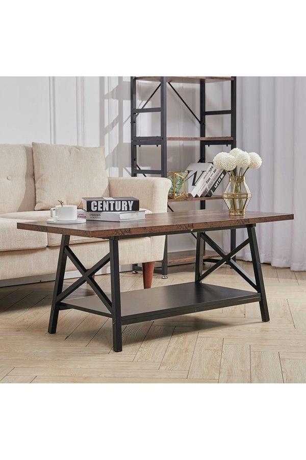 Living and Home 2 Tier Industrial Style Coffee Table with Storage Shelf
