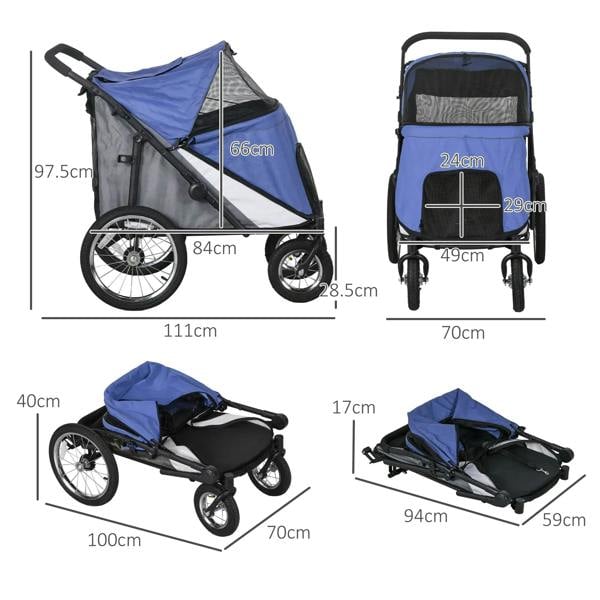 Blue foldable pet stroller with mesh canopy and size diagram showing overall dimensions