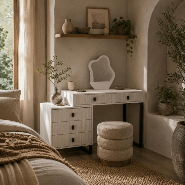 Wyld Haus Nalomo White Vanity Desk With Leaf ShaFauxd Mirror 5 Drawers And 3 Colour LED Lighting