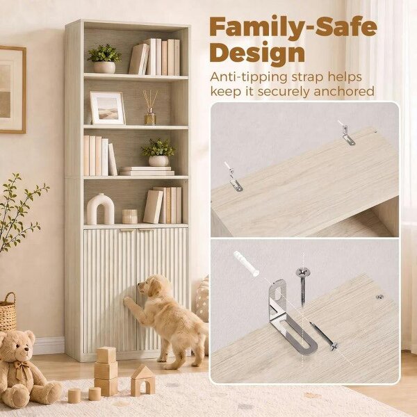 Bookcase Adjustable Shelf Bookshelf Anti-Tip Hardware 6-Tier, Oak Wood Effect