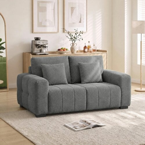 HOMCOM 2 Seater Sofa, Upholstered Small Couch with Pillows - Grey