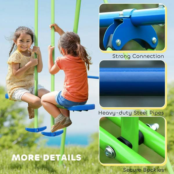 Green metal swing set with blue swing seat and secure buckle connectors