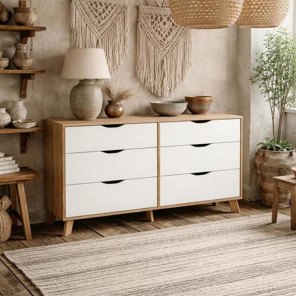 Wyld Haus Lira Jackson Hickory Oak Wood and White 6 Drawers Double Dresser