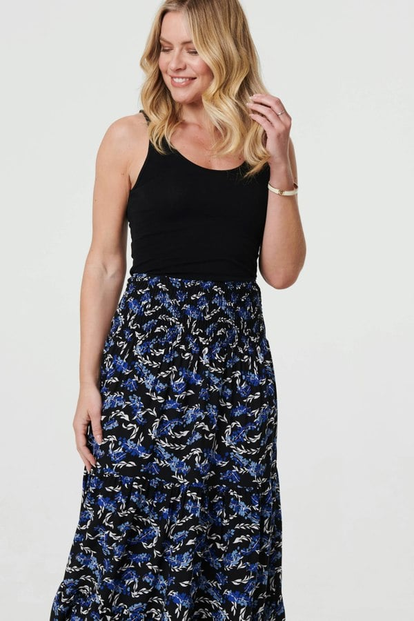 Blue | Floral High Waist Shirred Maxi Skirt
