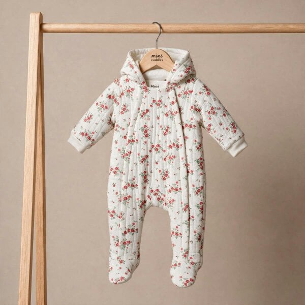 Mini Cuddles Rose-Print Pramsuit (White)