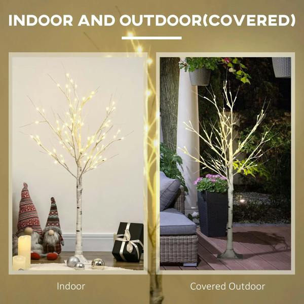 Artificial white birch tree with warm white LED lights for indoor and covered outdoor use