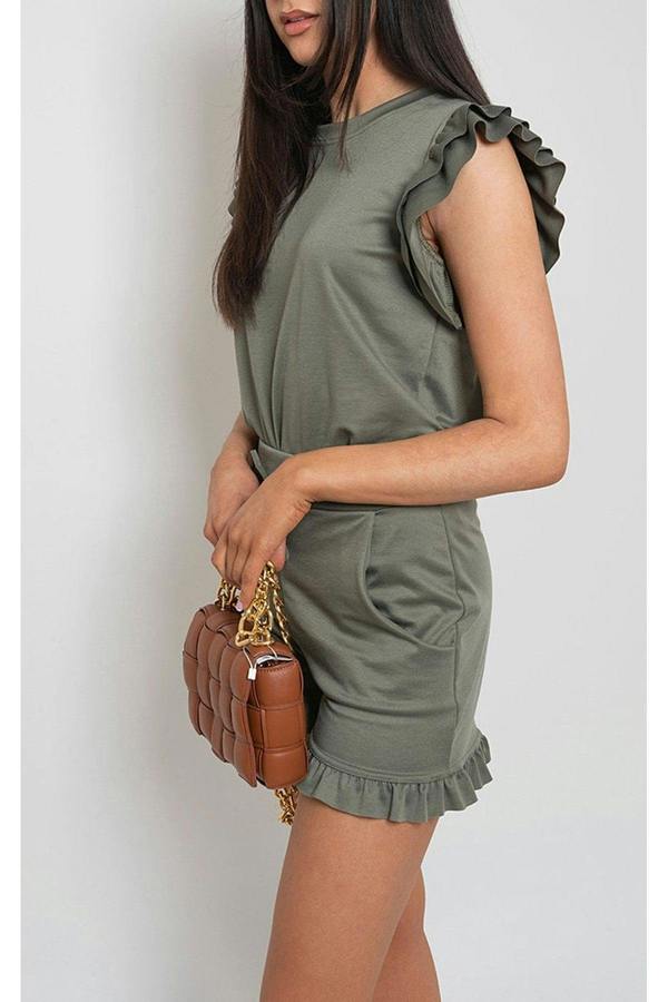 Avie Plain Frill Peplum Sleeve Top Shorts Co-ord Set - Khaki