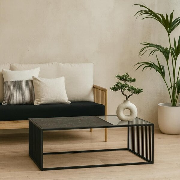 Wyld Haus Porto Organic Rectangular Coffee Table Stone Effect and Glass Top