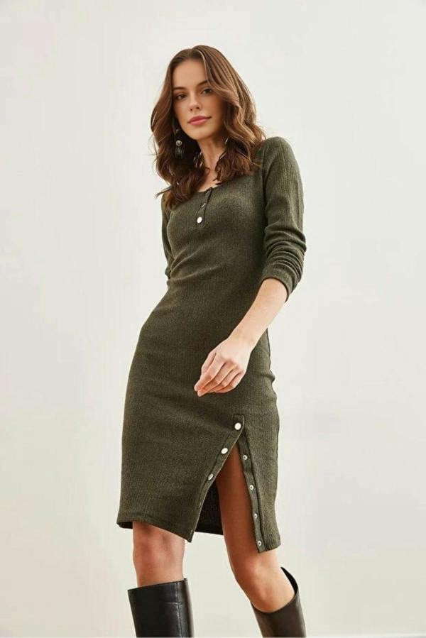 Hoxton Gal Brushed Stretch Dress with Button Details and Slit