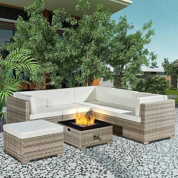 Oseasons Trinidad Rattan Modular 6 Seat Firepit Chaise Lounge Set in Dove Grey