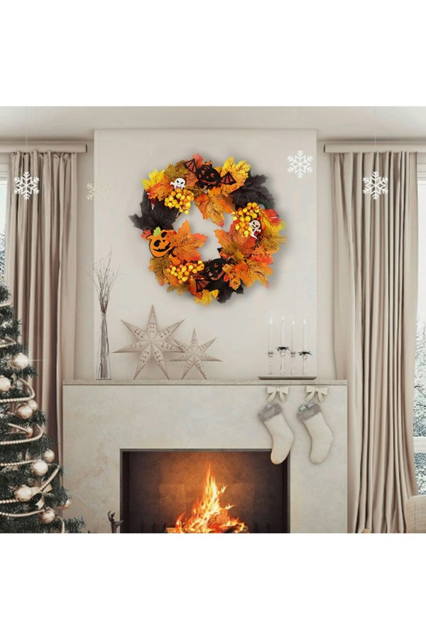 Living and Home 35cm Artificial Fall Wreath for Front Door Maple Leaf Berry Halloween Theme Wreath with Light