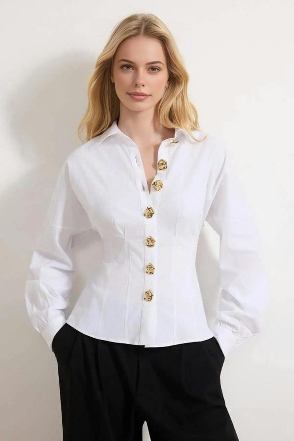 WOVCOR Gold Hardware Detail Cotton Fitted Batwing Sleeve Shirt