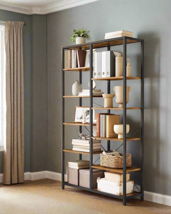 5-tier rustic brown and black industrial bookcase with 10 compartments

