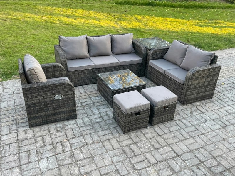 Fimous Rattan Garden Furniture 7 Piece Patio Set With Table Sofa Square Coffee Table Reclining Chair Love seat sofa Side Table 2 Small Footstools
