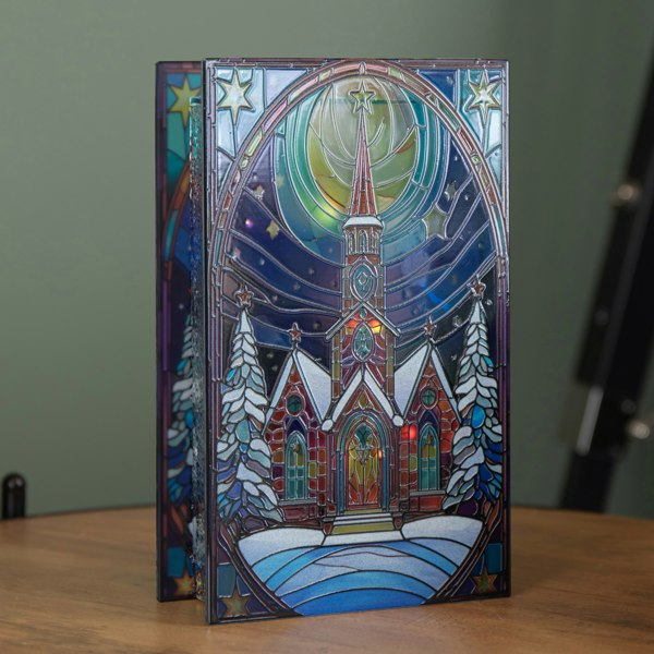 Samuel Alexander 21cm Battery Operated Light up Stained Glass Christmas Decoration with Church Scene & Warm White LEDs