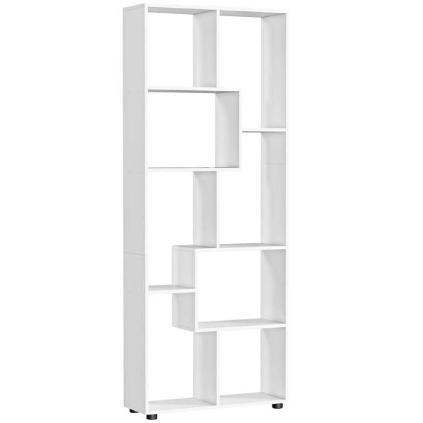 White 8-cube tall bookcase with open square cubbies, freestanding storage shelves.