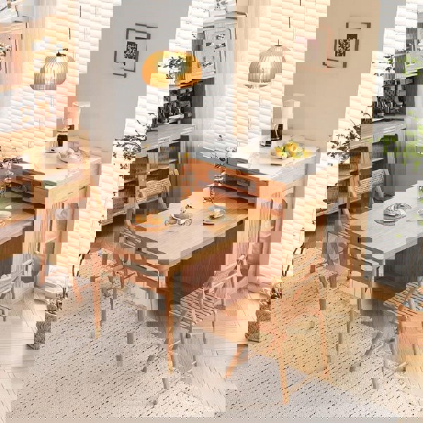 Kacey Extendable Dining Table Set, Storage, Solid Wood in a lifestyle setting with wooden chairs for dining table