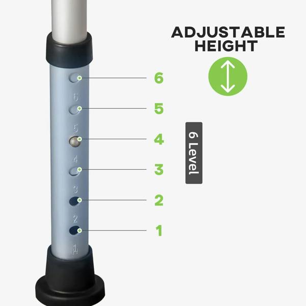 Adjustable height shower stool leg with numbered lever settings for height control.