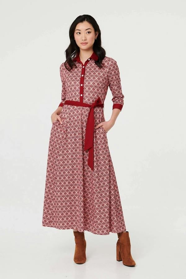 Pink | Printed 3/4 Sleeve Tie Waist Maxi Dress