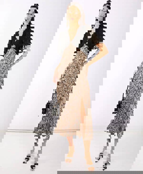 Animal Satin Mix Flutter Sleeve Midi Dress