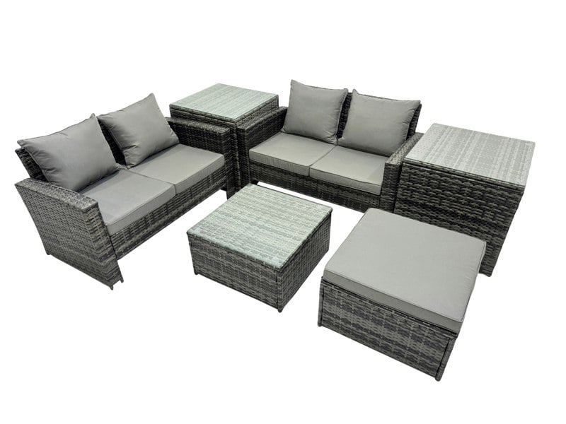 Fimous PE Rattan Garden Furniture Set Lounge Double Seat Sofa Coffee Table Set with 2 Side Tables Big Stool Dark Grey Mixed