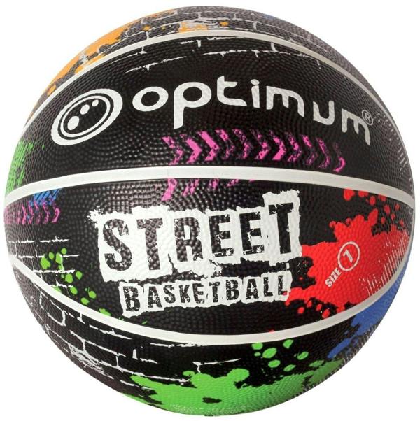Black Street Basketball size 1 with colourful paint-splatter graffiti print, upright on white - Optimum