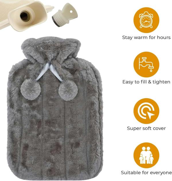 Dyzi 2L Hot Water Bottle with Soft Faux Fur Cover Charcoal Grey